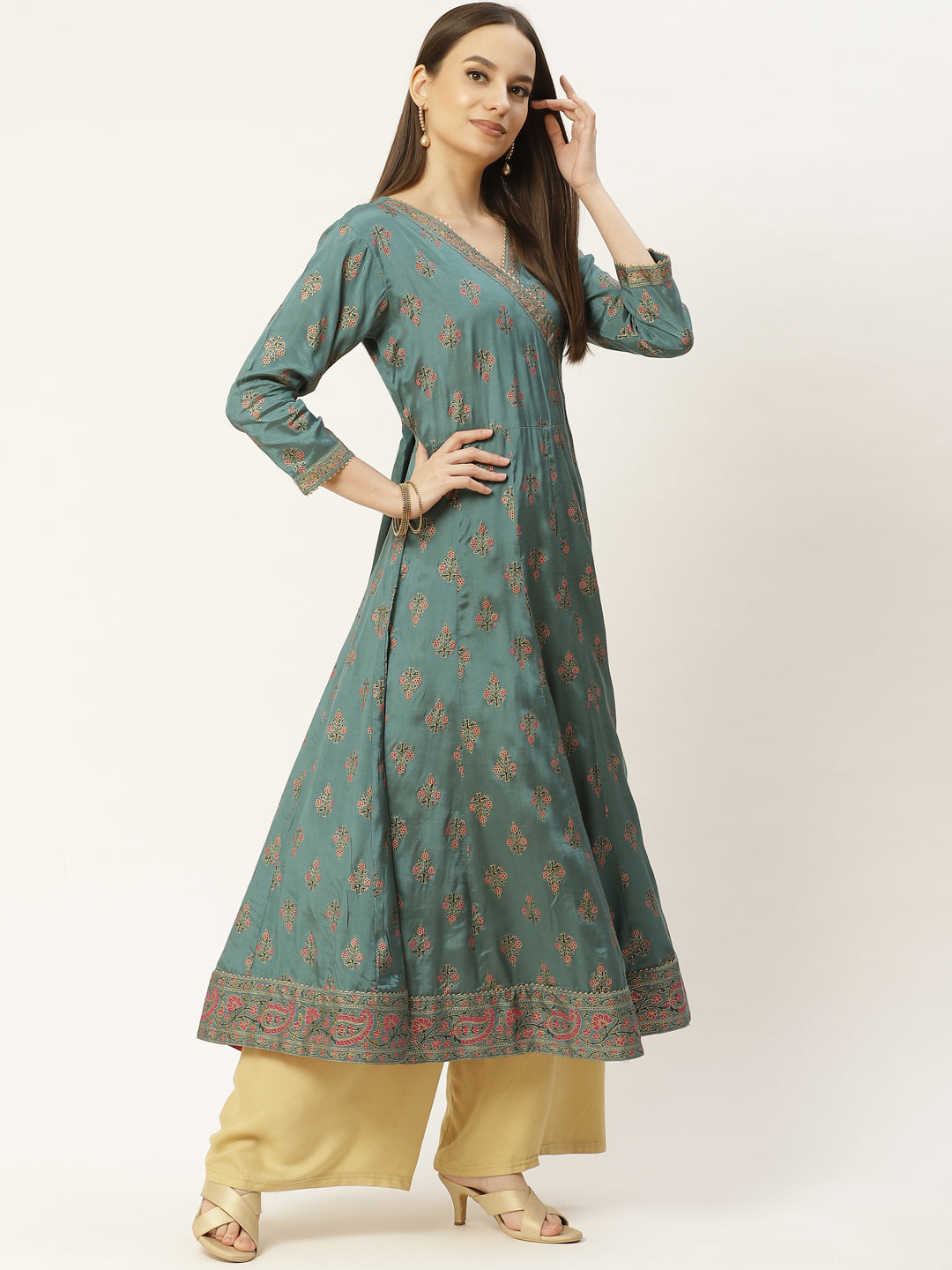 Green Printed & Embroided Rayon Anarkali