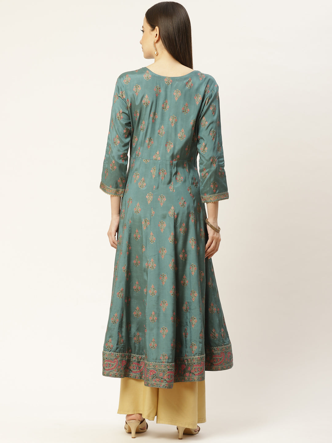 Green Printed & Embroided Rayon Anarkali