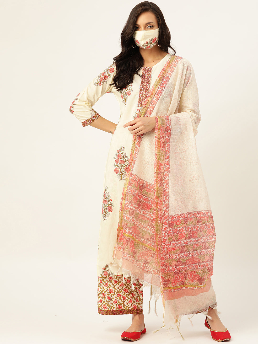 Off White Floral Printed Kurta With Dupatta & Trouser - AbirabyBeena