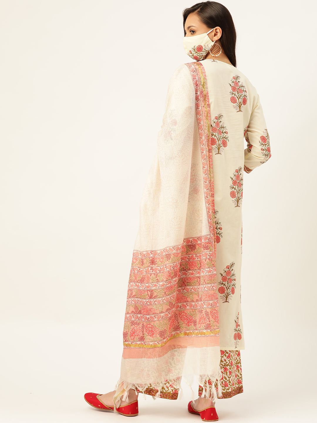 Off White Floral Printed Kurta With Dupatta & Trouser - AbirabyBeena