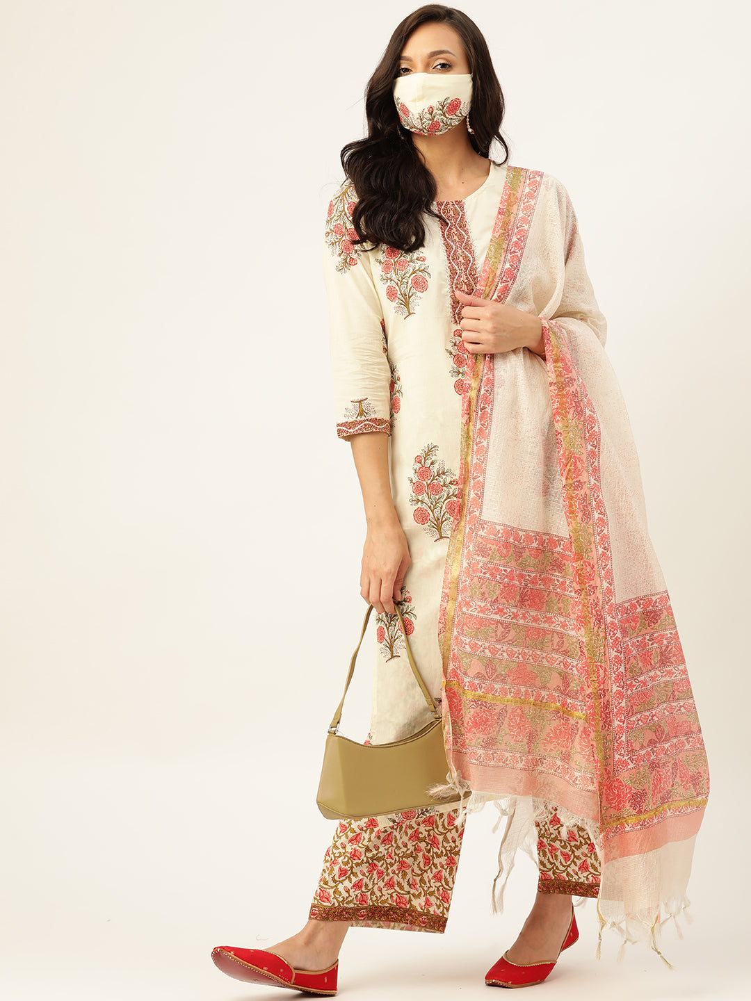 Off White Floral Printed Kurta With Dupatta & Trouser - AbirabyBeena