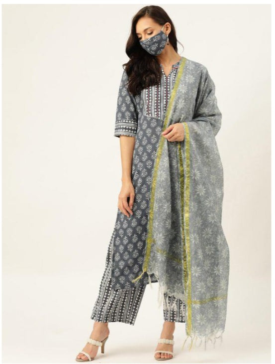 Grey Printed Kurta With Dupatta & Trouser