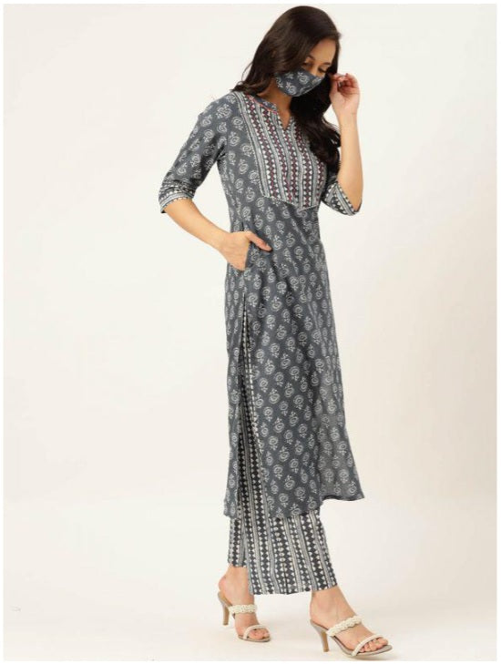 Grey Printed Kurta With Dupatta & Trouser