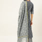 Grey Printed Kurta With Dupatta & Trouser