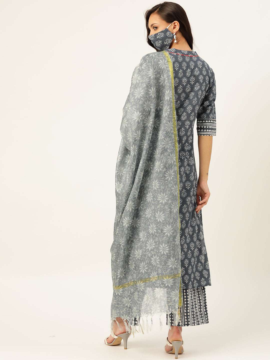 Grey Printed Kurta With Dupatta & Trouser