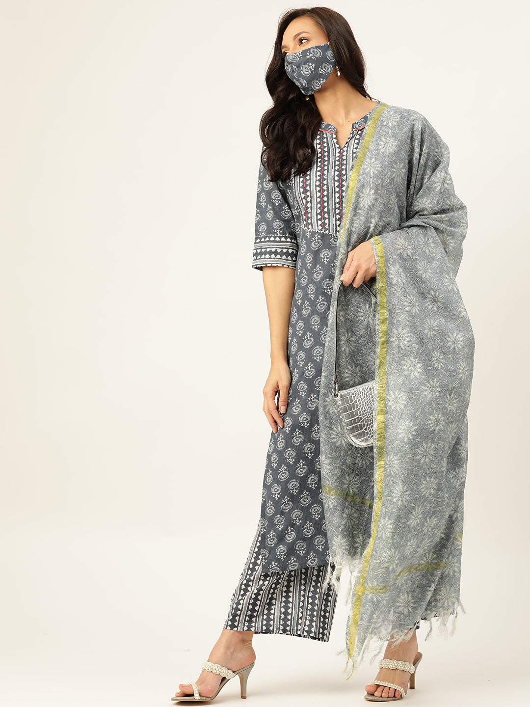 Grey Printed Kurta With Dupatta & Trouser