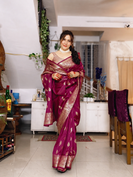 Magenta Katan Silk Saree with Floral Zari Brocade Border