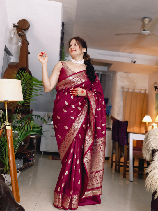 Magenta Katan Silk Saree with Floral Zari Brocade Border