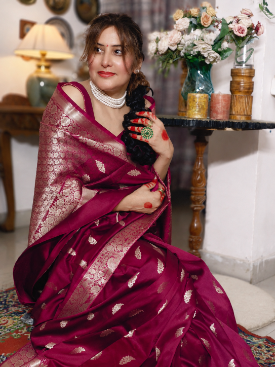 Magenta Katan Silk Saree with Floral Zari Brocade Border