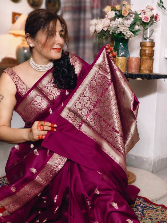 Magenta Katan Silk Saree with Floral Zari Brocade Border