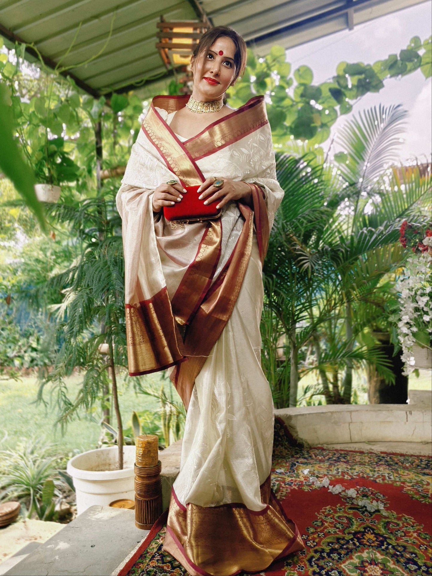 Ivory Bloom Tissue Embroidery Saree – Off White