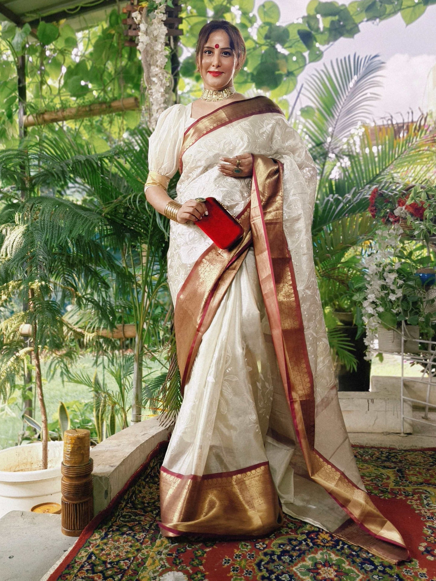 Ivory Bloom Tissue Embroidery Saree – Off White