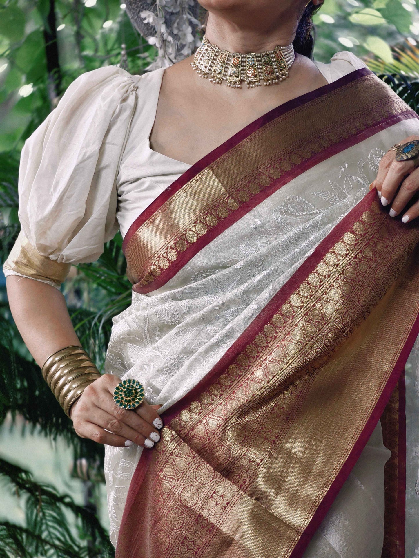 Ivory Bloom Tissue Embroidery Saree – Off White