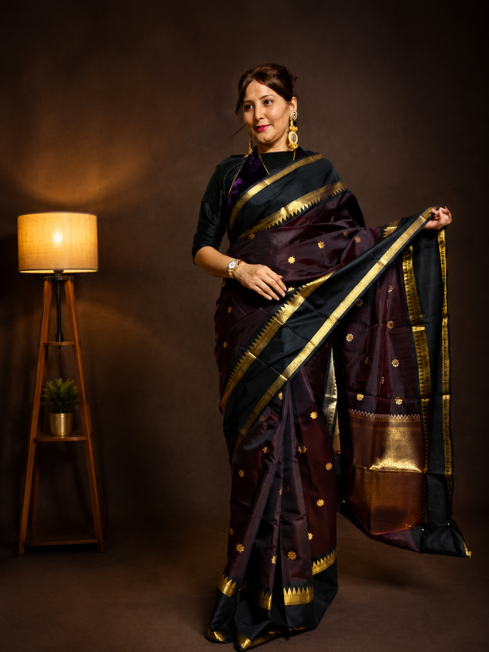 Regal Soft Silk Saree – Deep Wine & Black