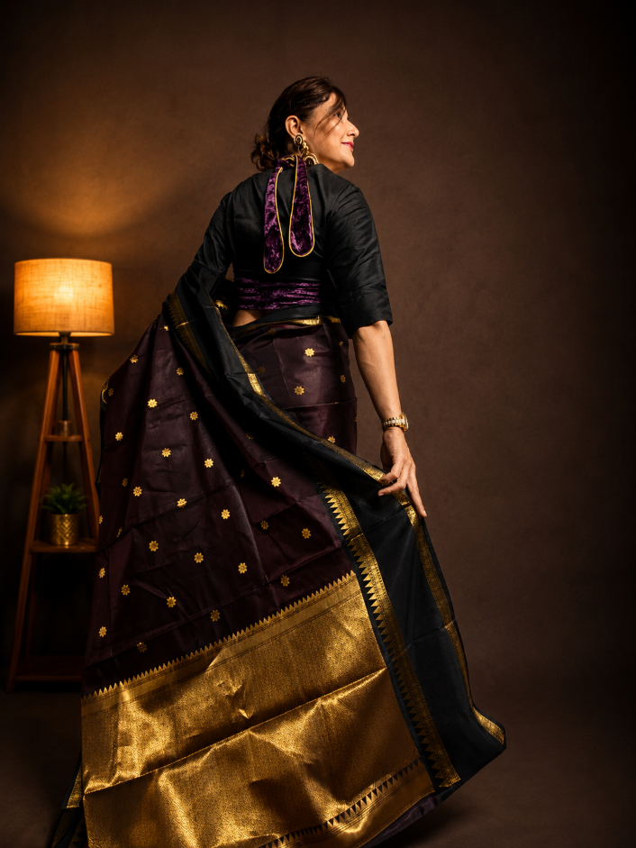 Regal Soft Silk Saree – Deep Wine & Black