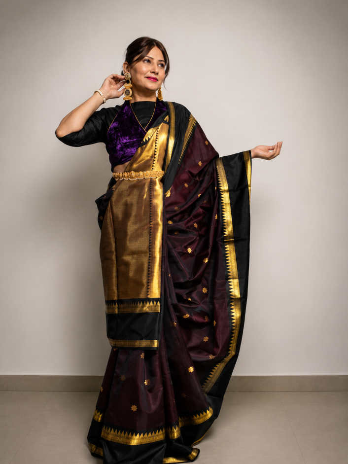 Regal Soft Silk Saree – Deep Wine & Black