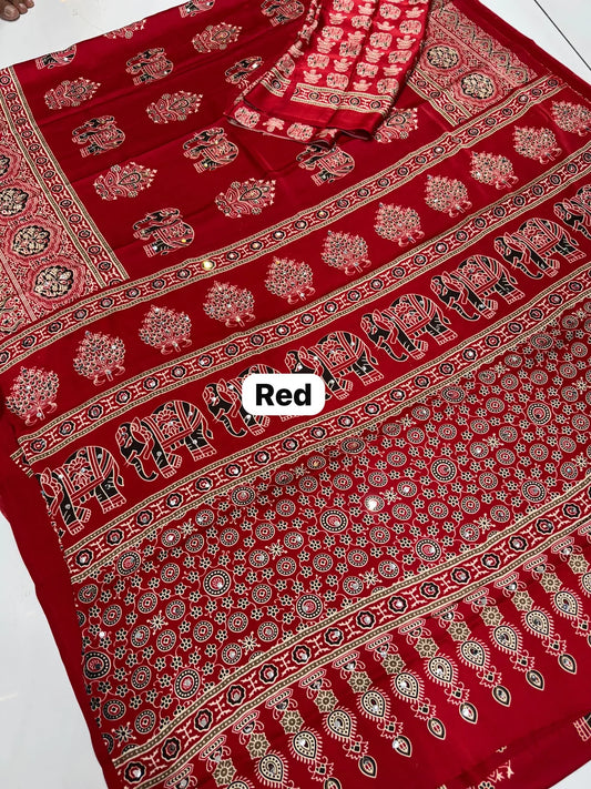 Red Ajrakh Elephant Print Saree with Real Mirror Work