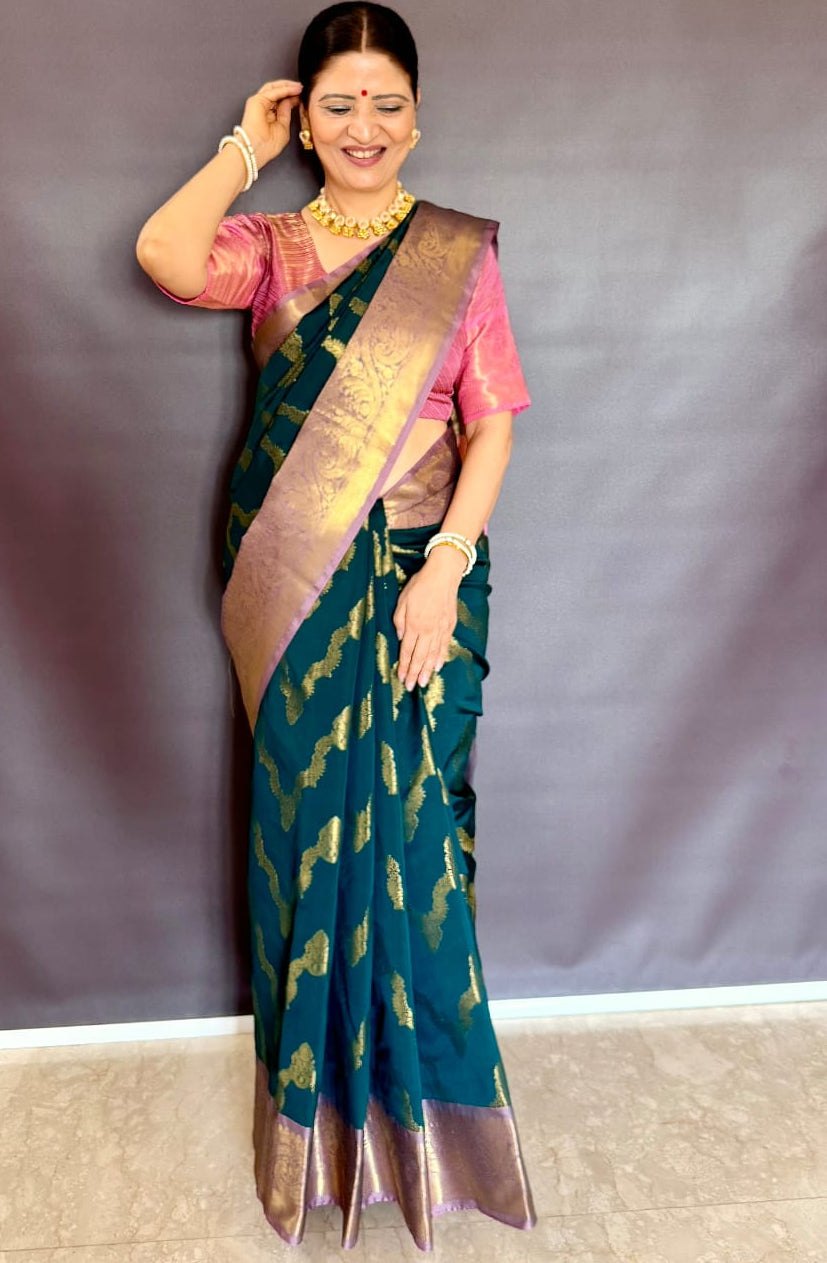 Royal Soft Silk Saree – Dark Bottle Green