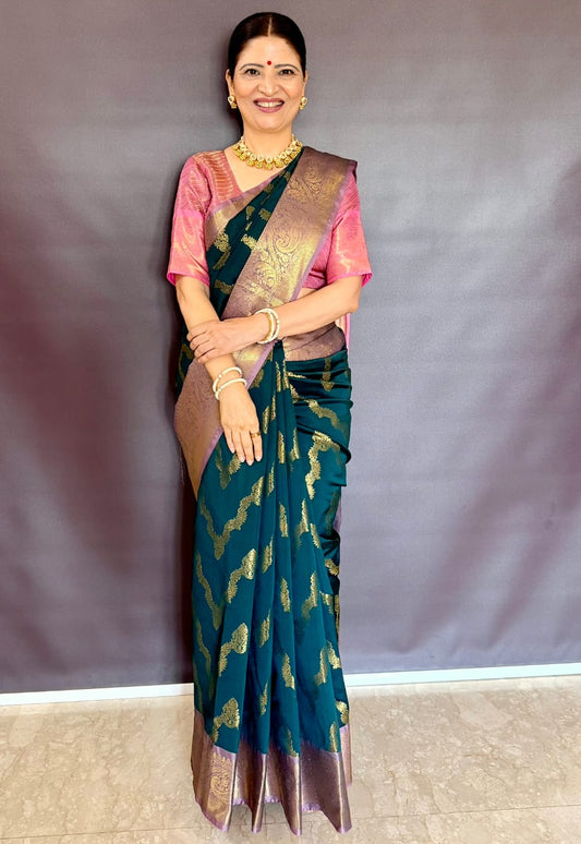 Royal Soft Silk Saree – Dark Bottle Green