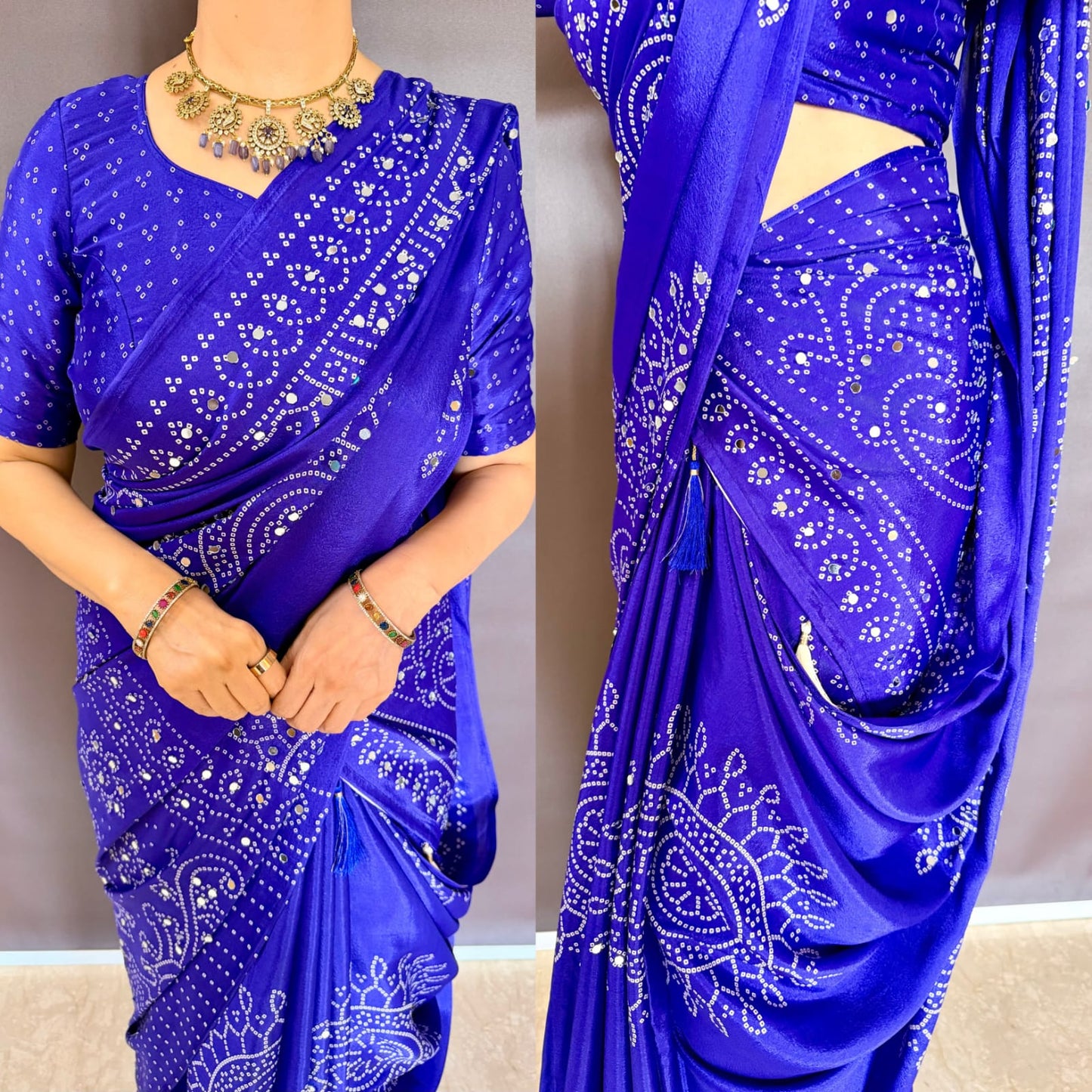 Royal Blue Mirror Work Art Silk Printed Saree