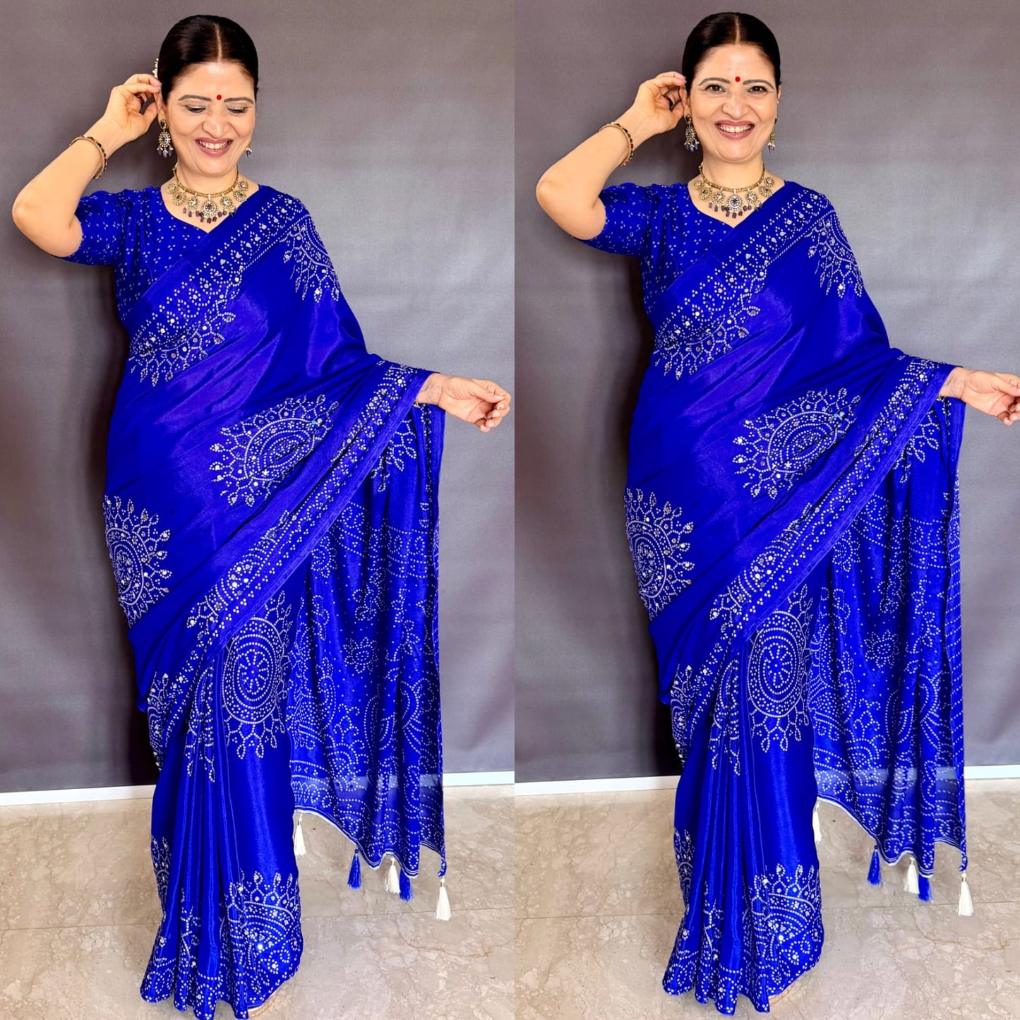 Royal Blue Mirror Work Art Silk Printed Saree