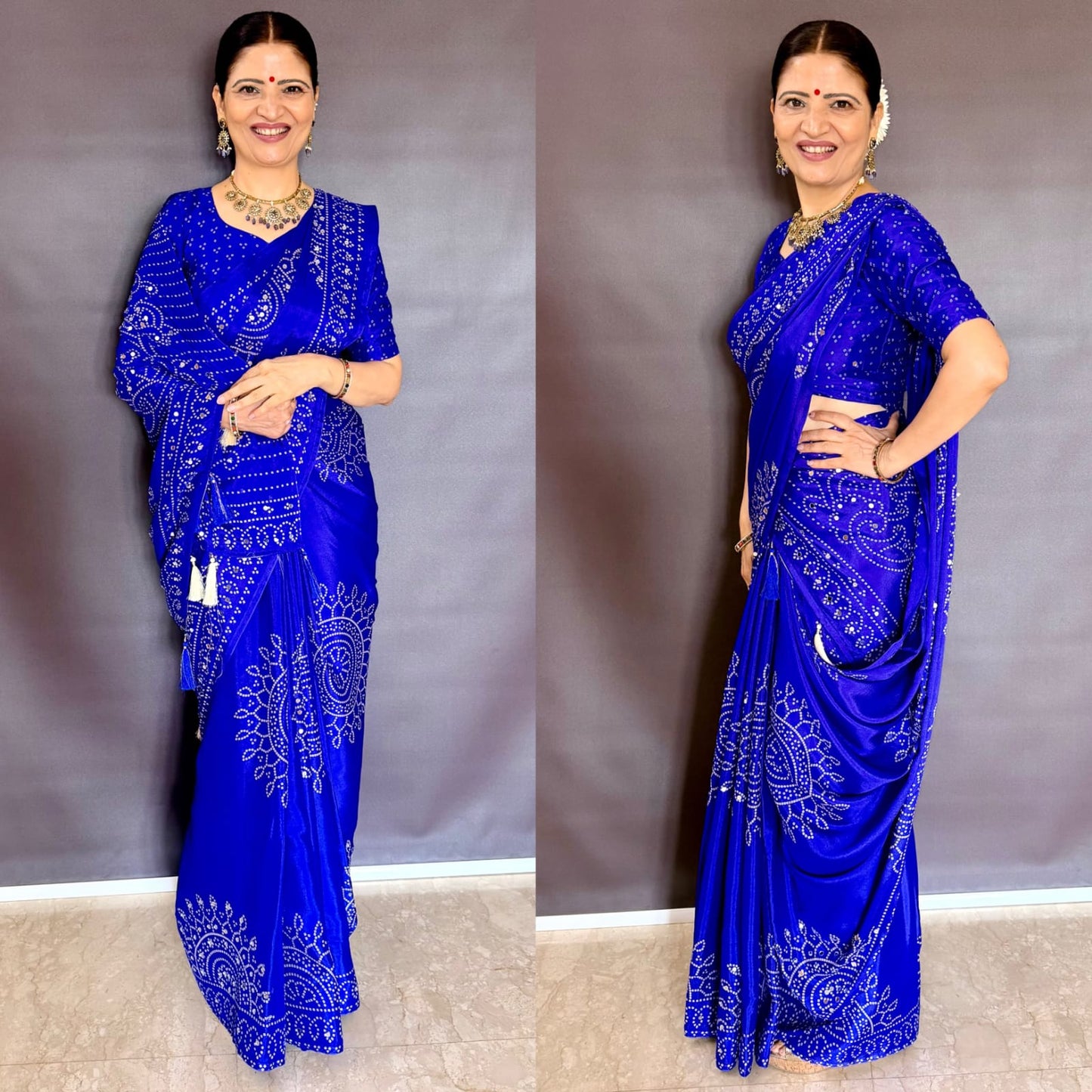 Royal Blue Mirror Work Art Silk Printed Saree