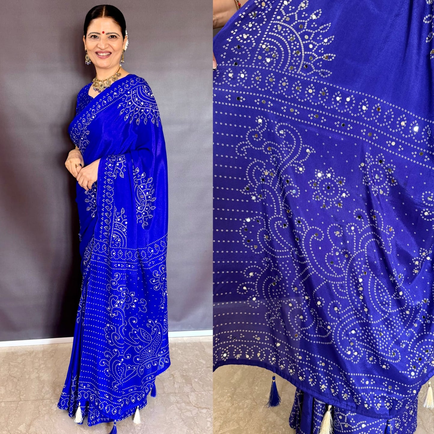 Royal Blue Mirror Work Art Silk Printed Saree
