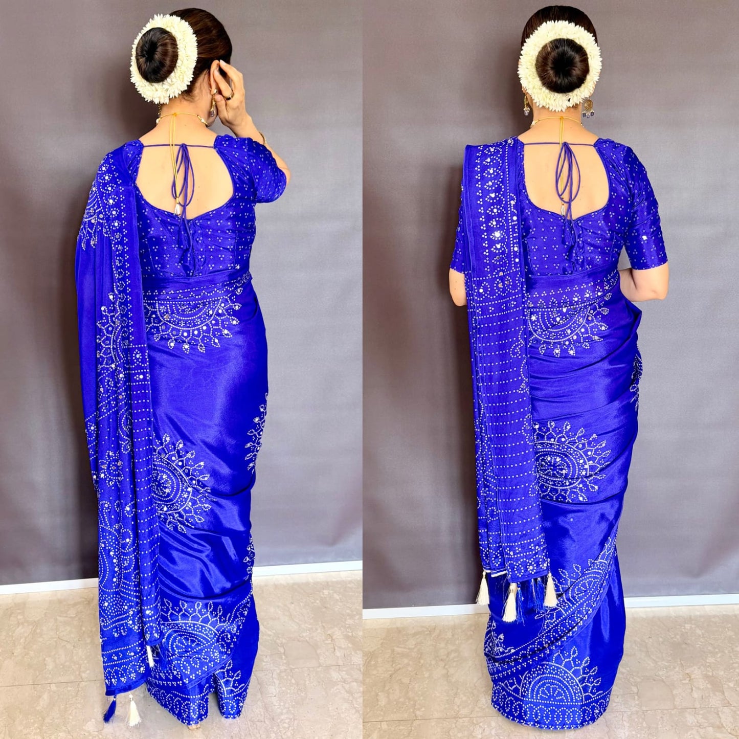 Royal Blue Mirror Work Art Silk Printed Saree