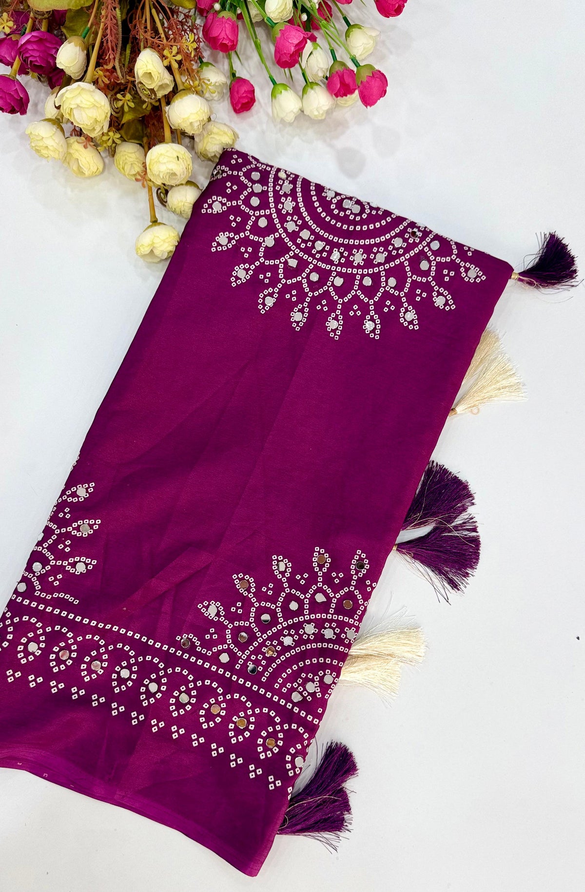Magenta Mirror Work Art Silk Printed Saree