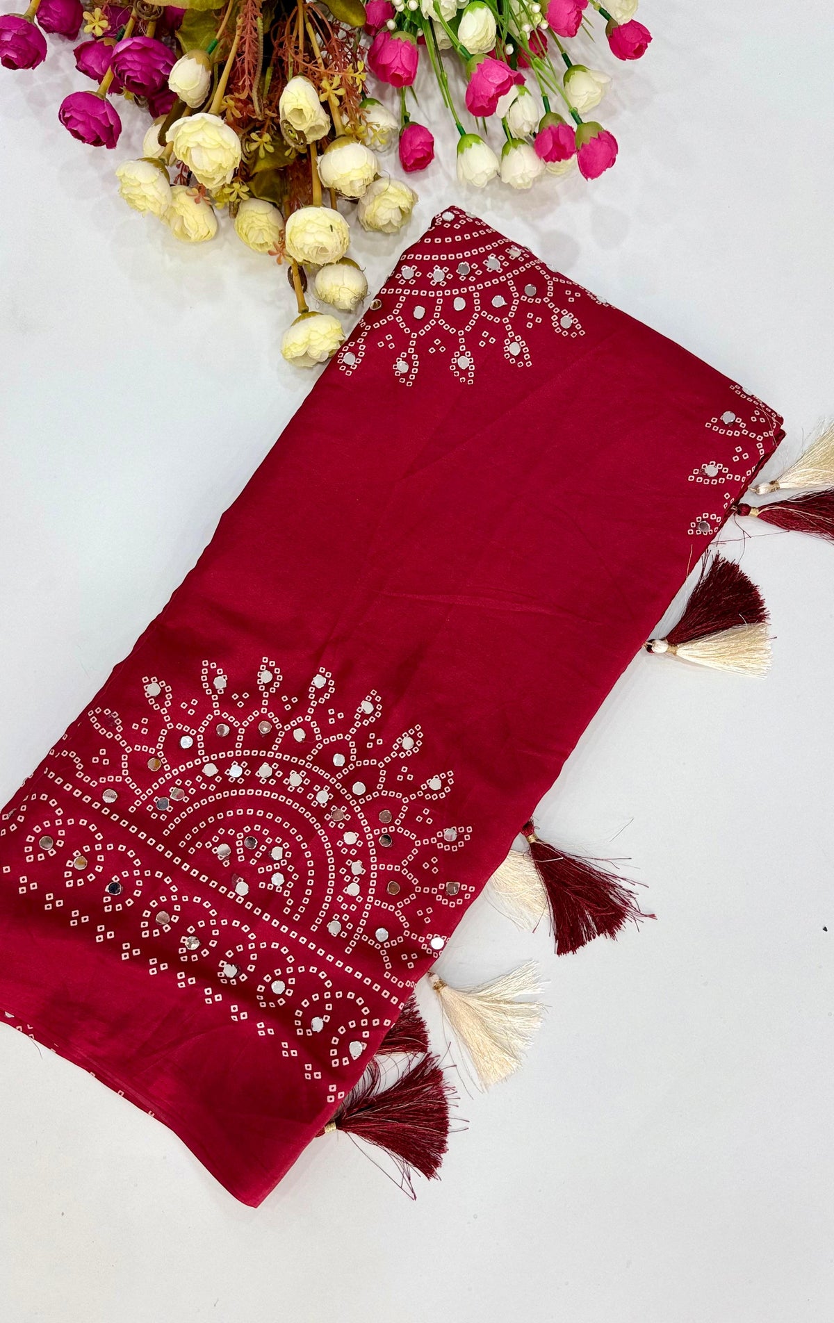 Red Mirror Work Art Silk Printed Saree
