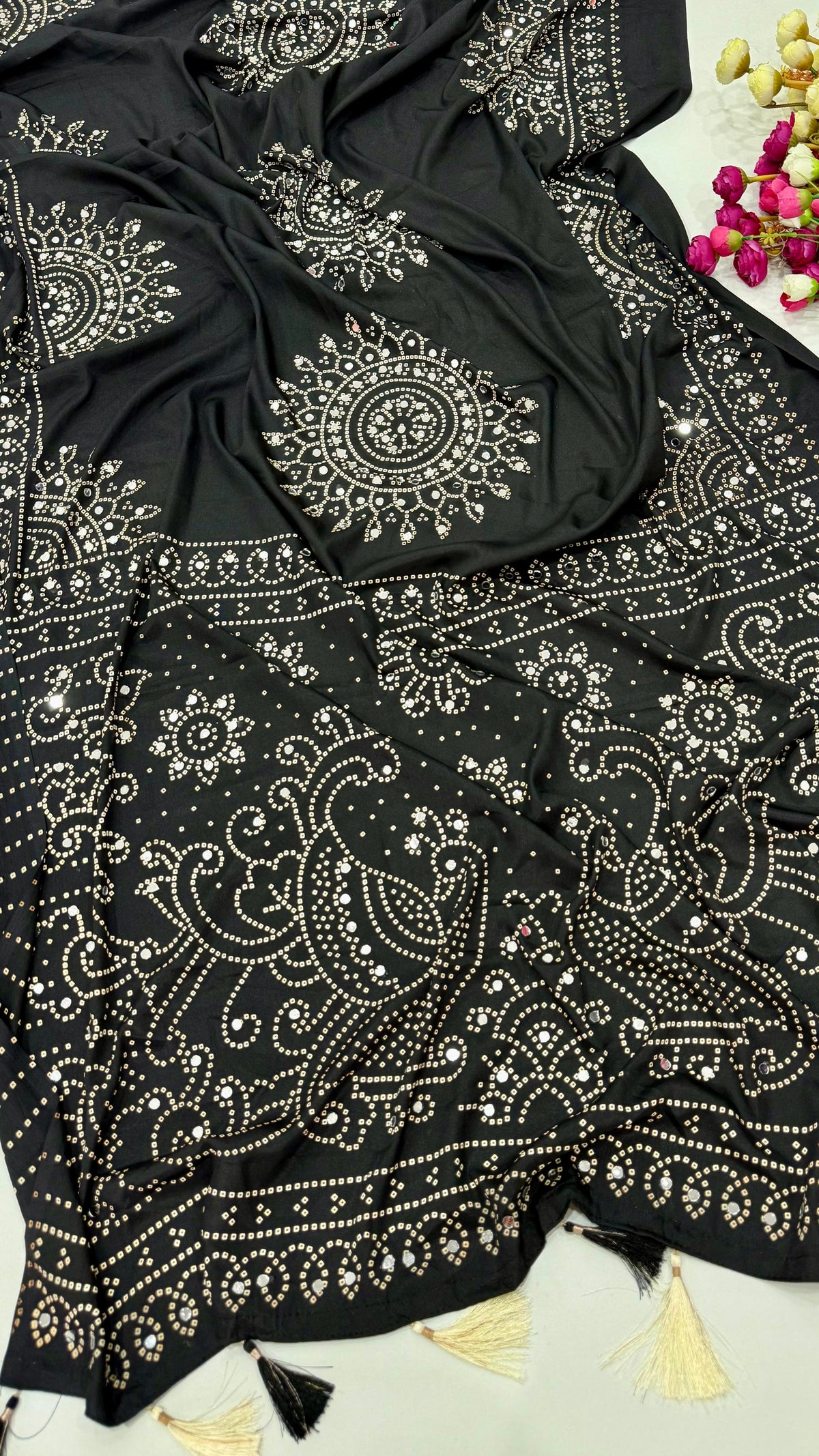 Black Mirror Work Art Silk Printed Saree