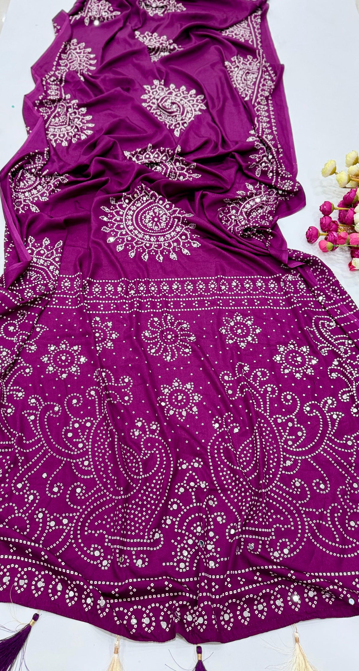 Magenta Mirror Work Art Silk Printed Saree