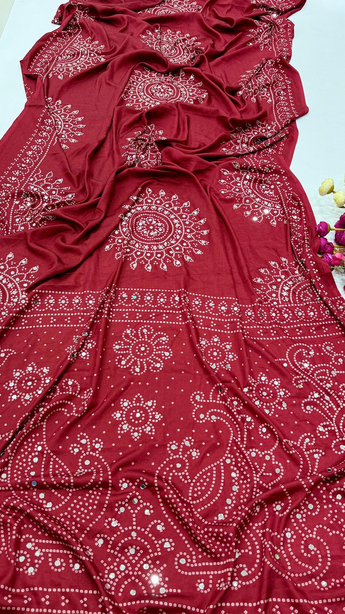 Red Mirror Work Art Silk Printed Saree