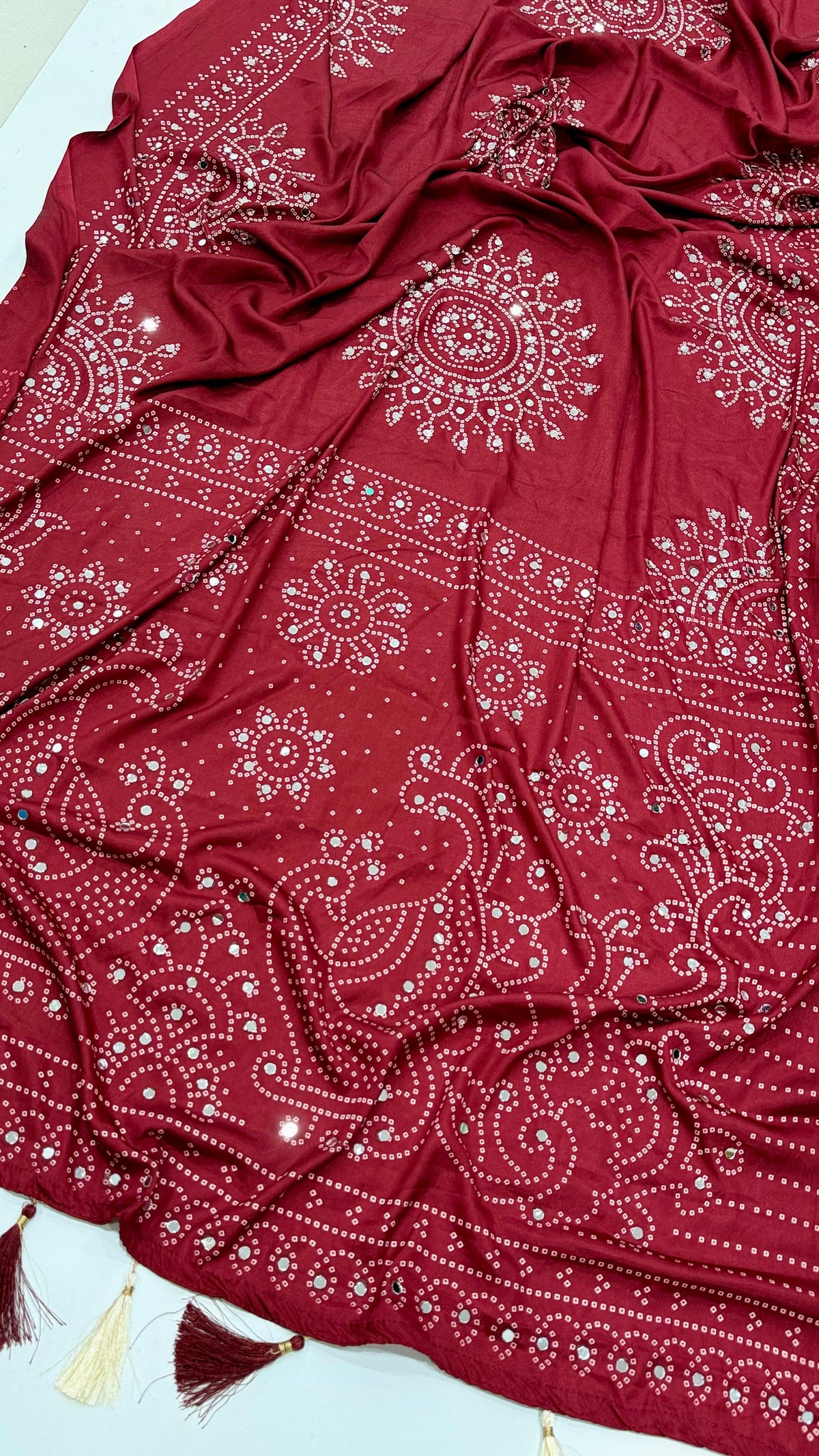 Red Mirror Work Art Silk Printed Saree