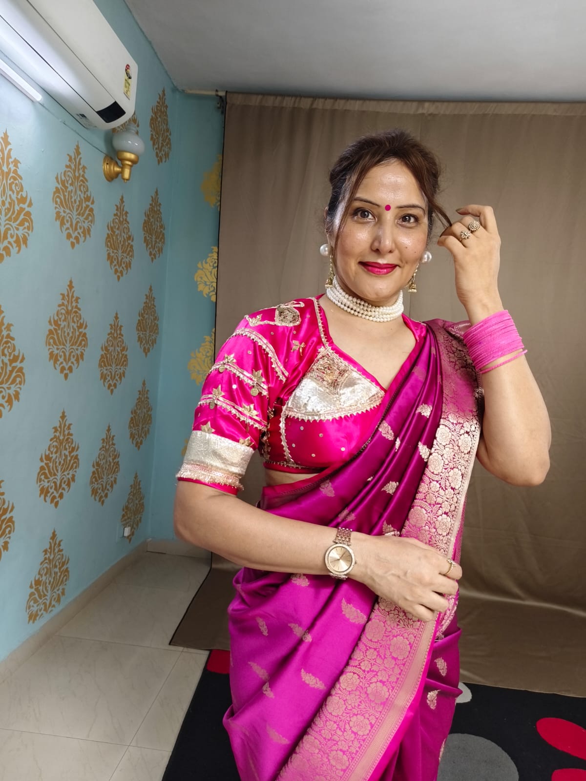 Dark Pink  Katan Silk Saree with Floral Zari Brocade Border