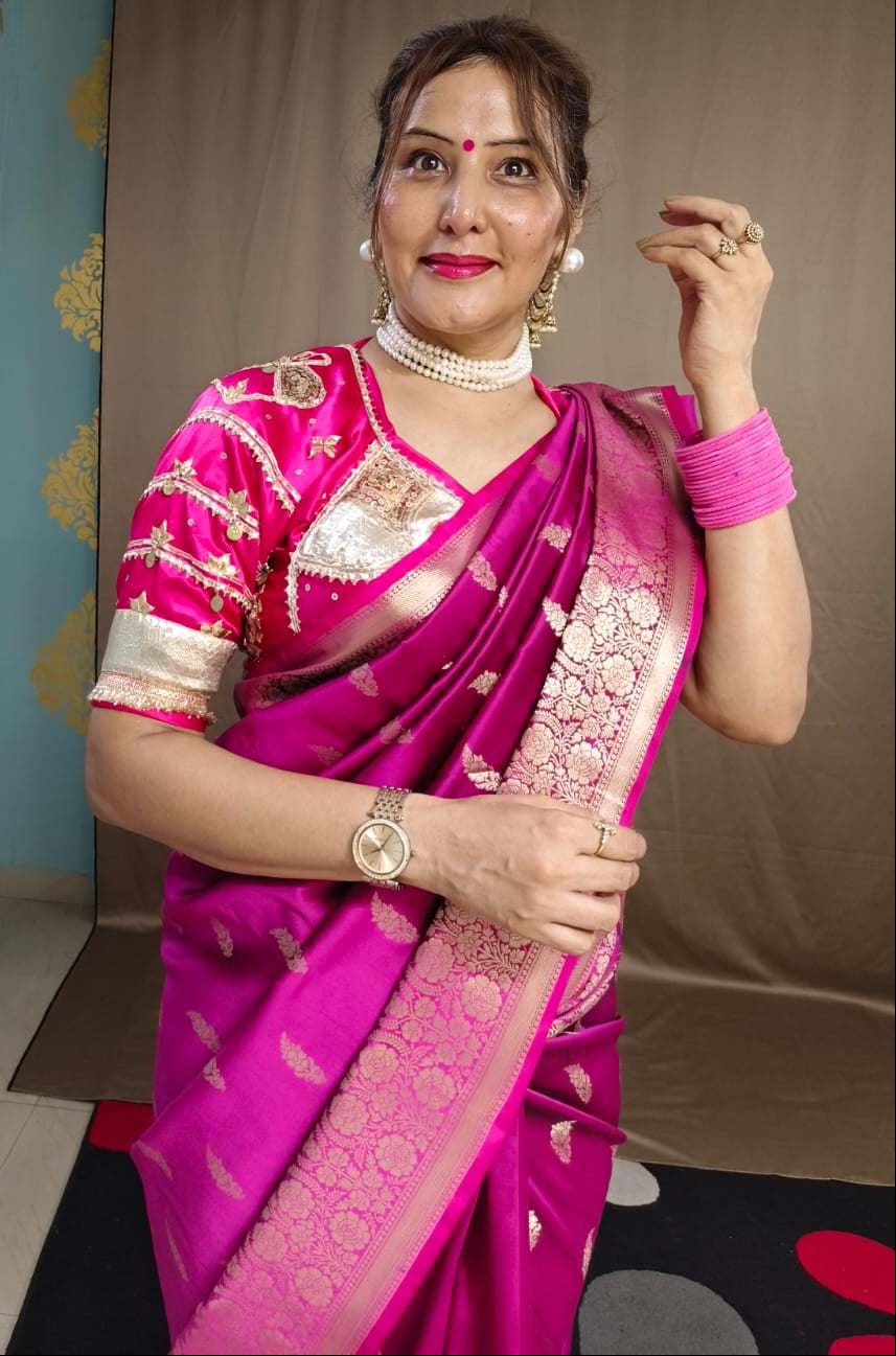 Dark Pink  Katan Silk Saree with Floral Zari Brocade Border