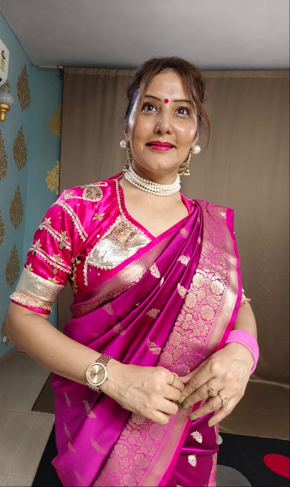 Dark Pink  Katan Silk Saree with Floral Zari Brocade Border