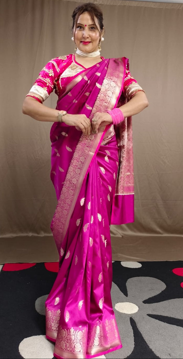 Dark Pink  Katan Silk Saree with Floral Zari Brocade Border
