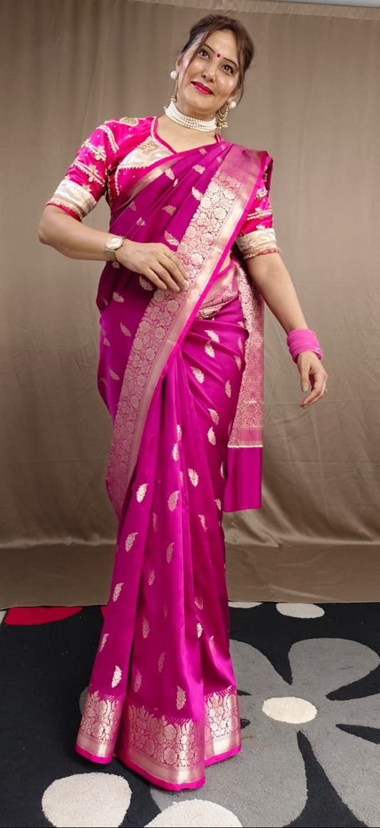 Dark Pink  Katan Silk Saree with Floral Zari Brocade Border