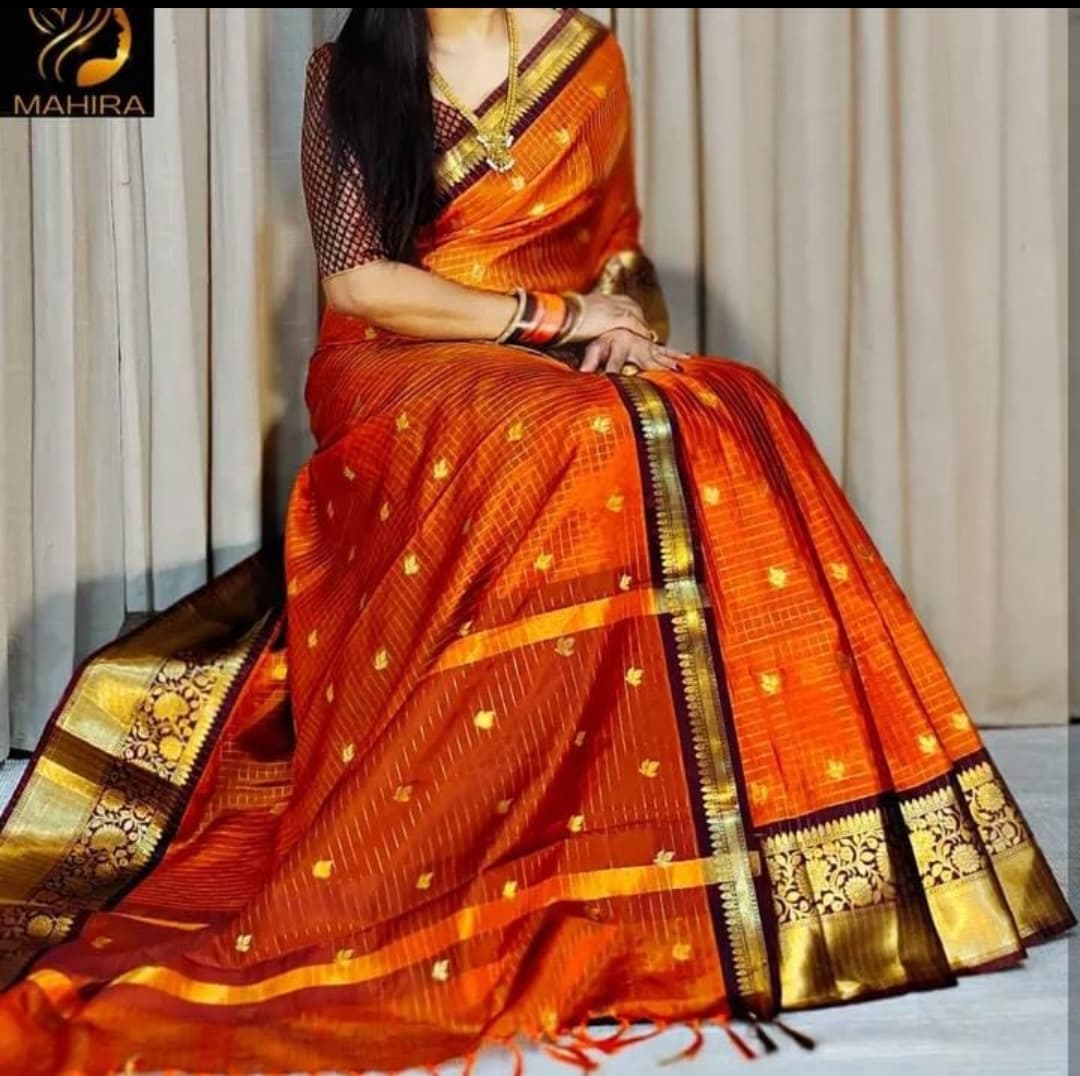 Soft Silk Saree – Vibrant Orange | Gold Zari Border