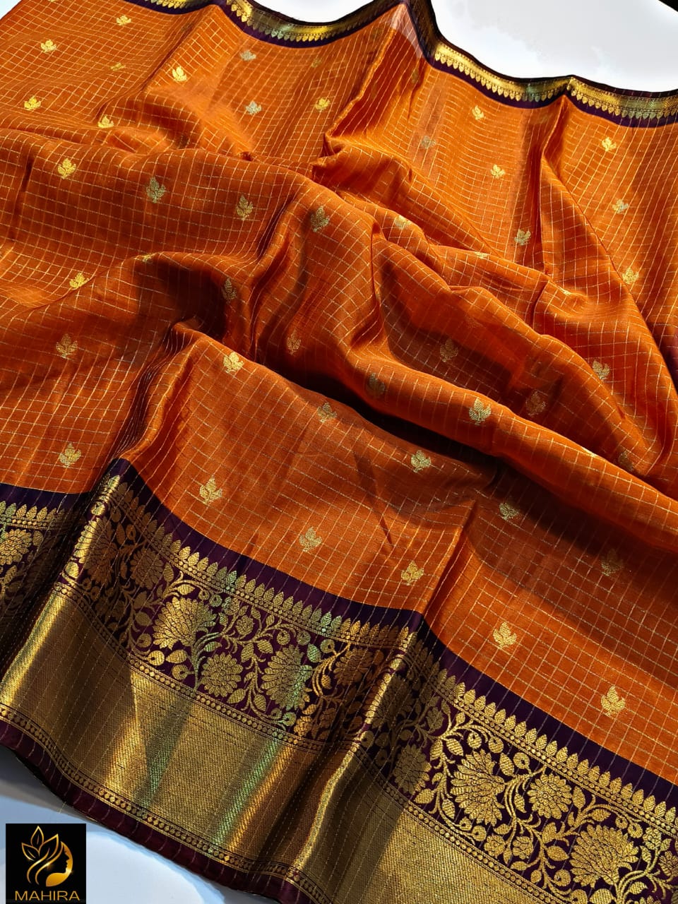 Soft Silk Saree – Vibrant Orange | Gold Zari Border