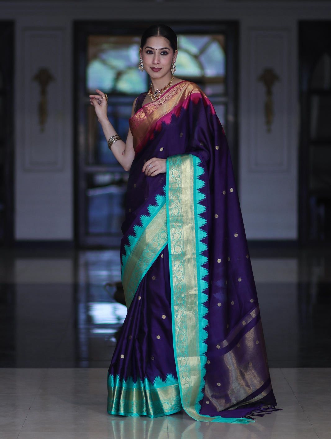 Soft Silk Saree – Royal Blue with Teal Green Border - AbirabyBeena