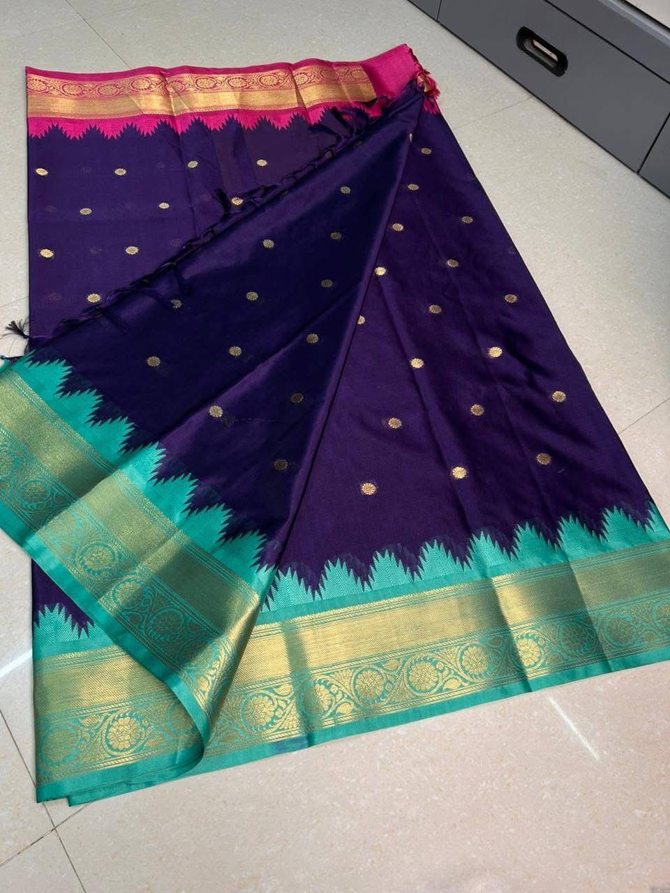 Soft Silk Saree – Royal Blue with Teal Green Border - AbirabyBeena