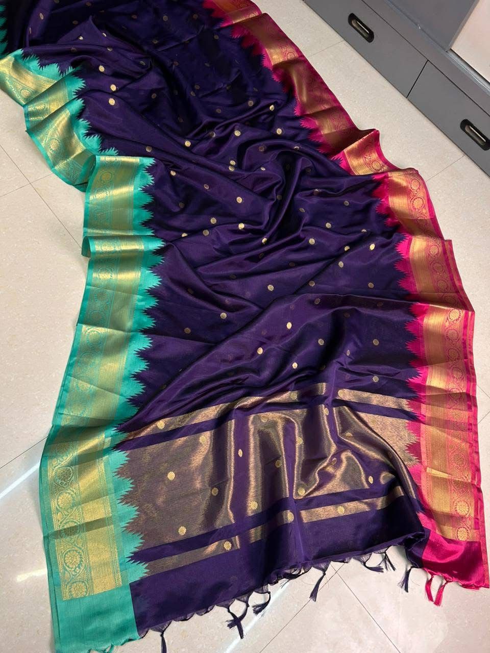 Soft Silk Saree – Royal Blue with Teal Green Border - AbirabyBeena