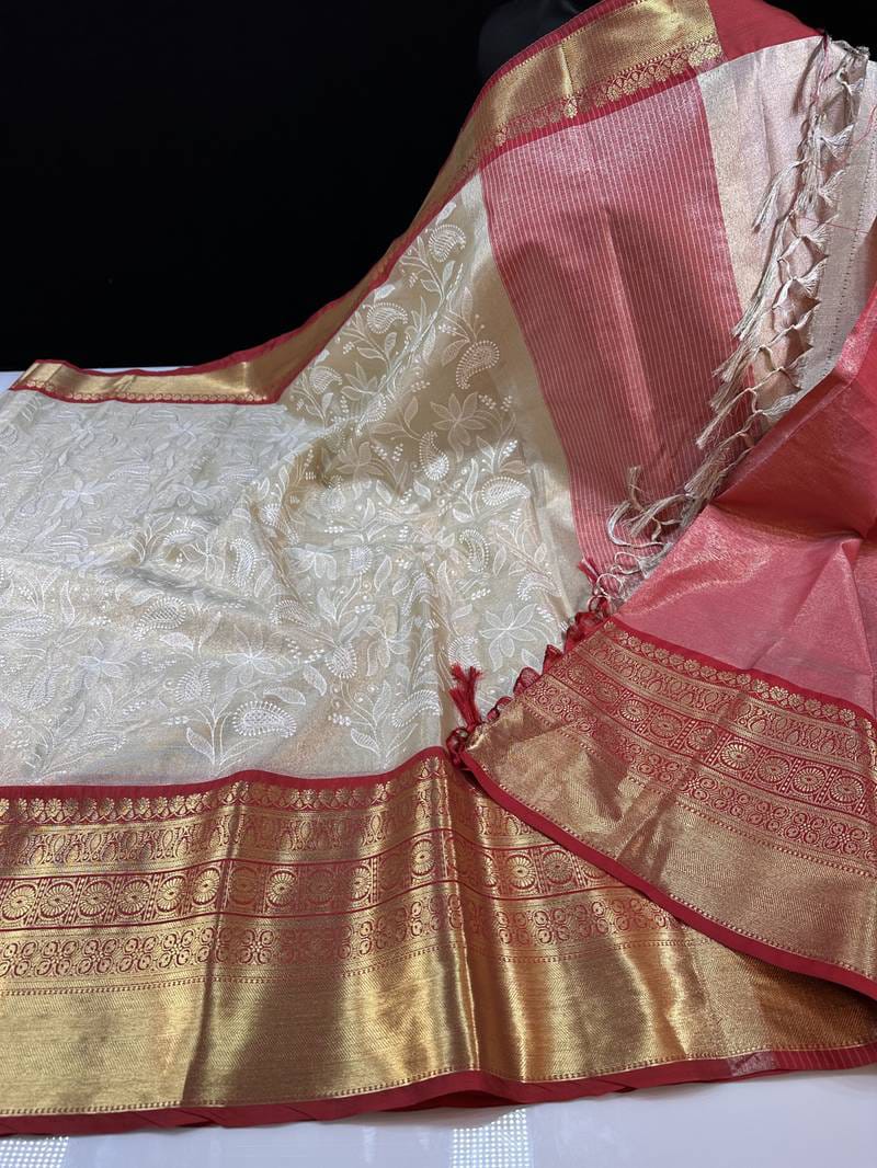 Ivory Bloom Tissue Embroidery Saree – Off White - AbirabyBeena