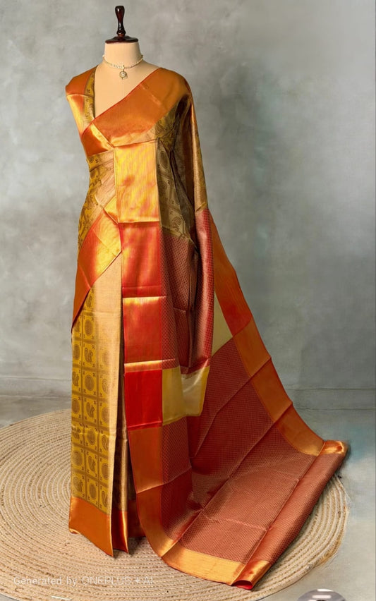 Nita-Inspired Tissue Silk Saree – Gold with Copper Border