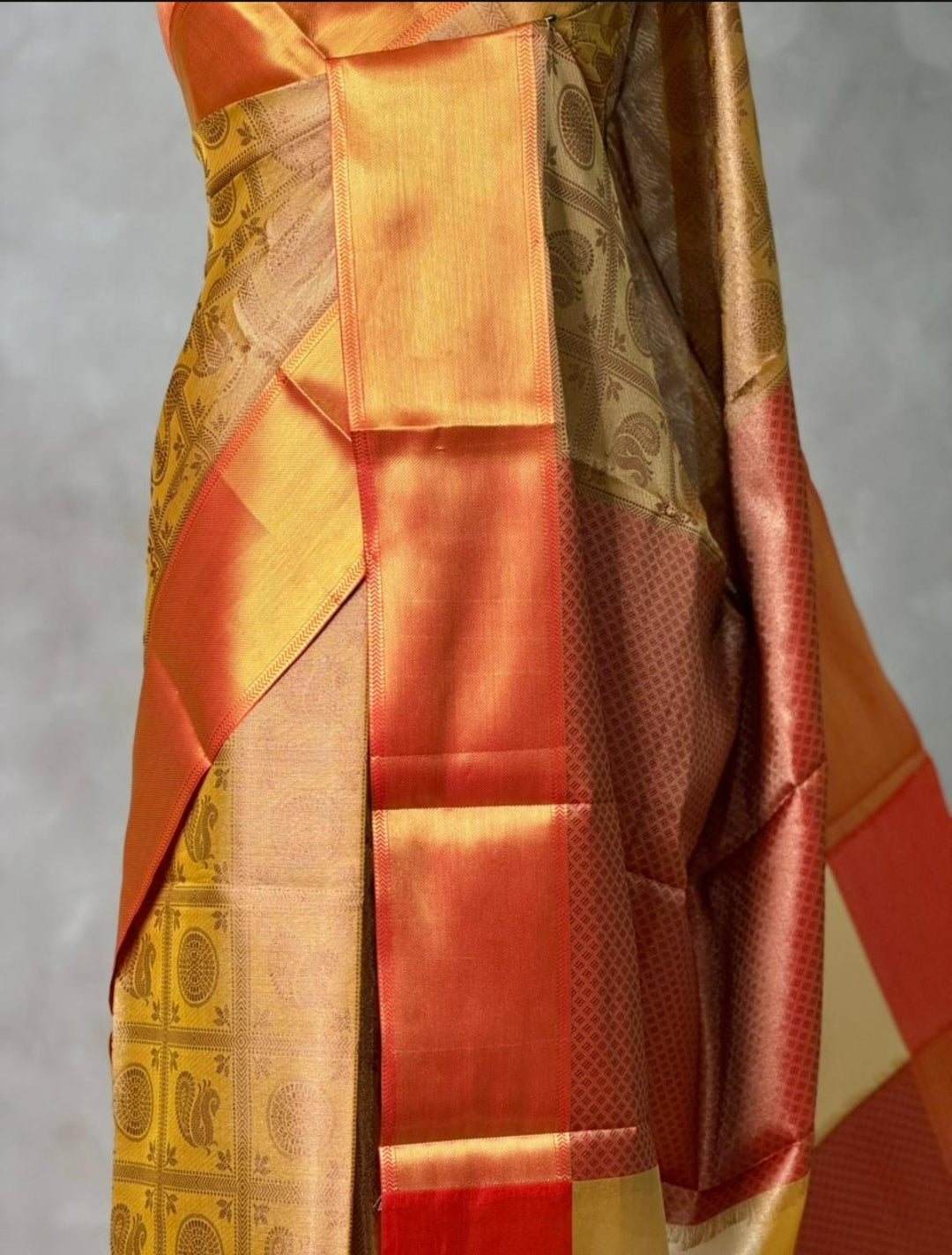 Nita-Inspired Tissue Silk Saree – Gold with Copper Border - AbirabyBeena