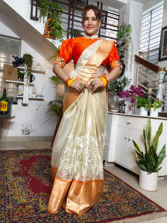 Ivory Embroidered Tissue Silk Saree - Orange Border