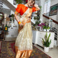 Ivory Embroidered Tissue Silk Saree - Orange Border