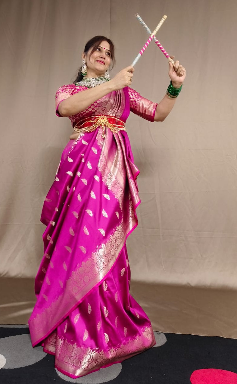 Dark Pink  Katan Silk Saree with Floral Zari Brocade Border
